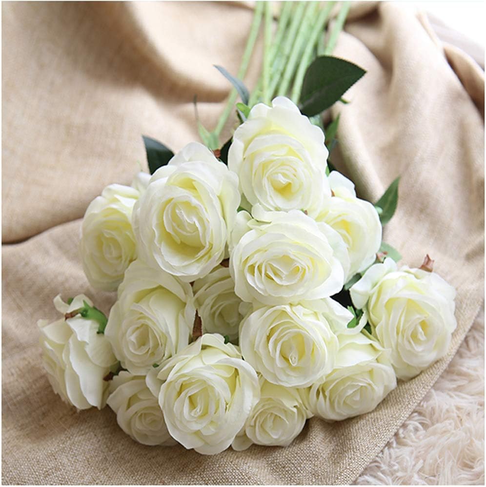 Amzali Artificial Flowers, Real Looking Blush Fake Rose Long Stem Silk Artificial Rose Flowers Home Decor for Bridal Wedding Bouquet, Centerpieces Birthday Flower Party Garden floral Arrangement White