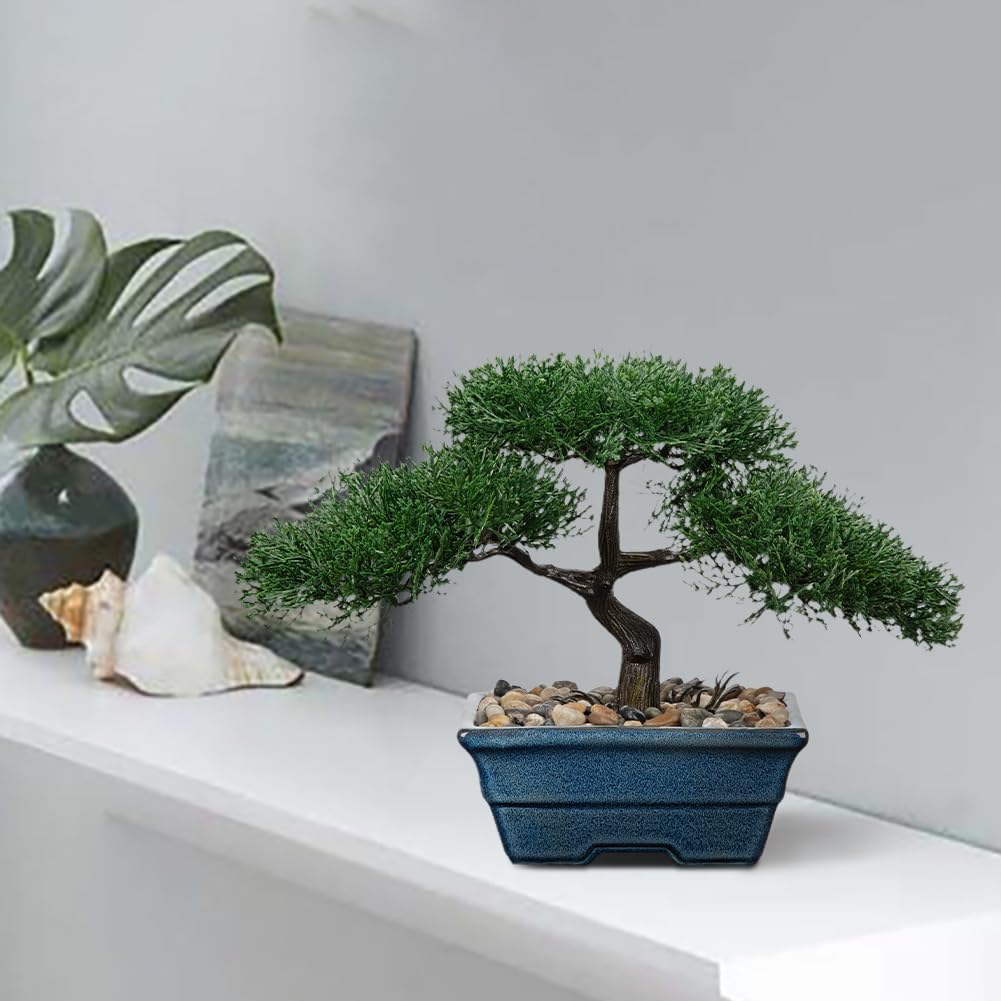 Artificial Bonsai Tree Juniper Faux Plants Indoor Fake Plants Decor with Blue Ceramic Pots for Home Table Office Desk Bathroom Shelf Bedroom Living Room Farmhouse Decorations-Pine
