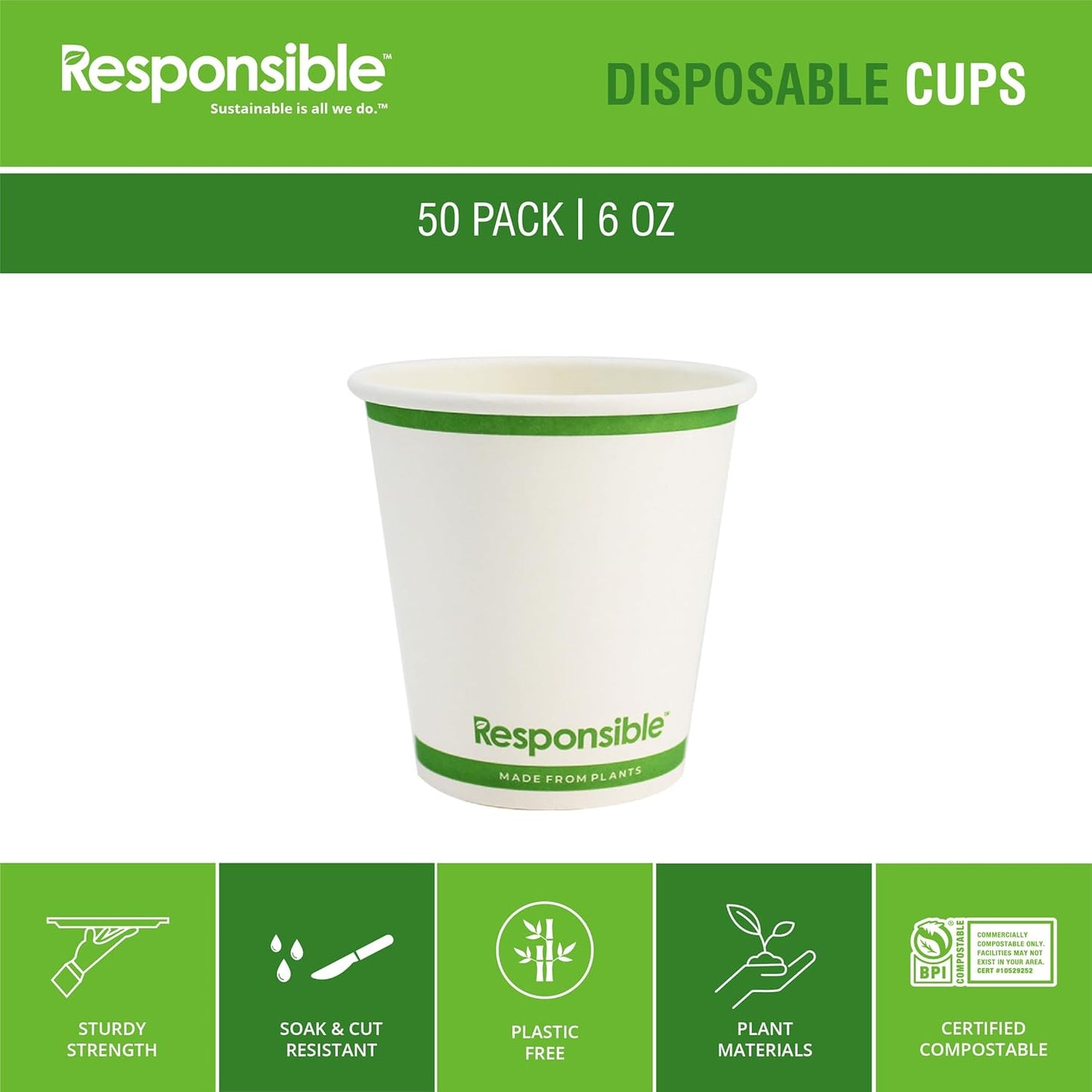 Certified Compostable 6 oz Paper Cups, Cold ＆ Hot Coffee Cups, Disposable Paper Cups, Extra Strength Disposable Cups, Made without PFAS (50 count)