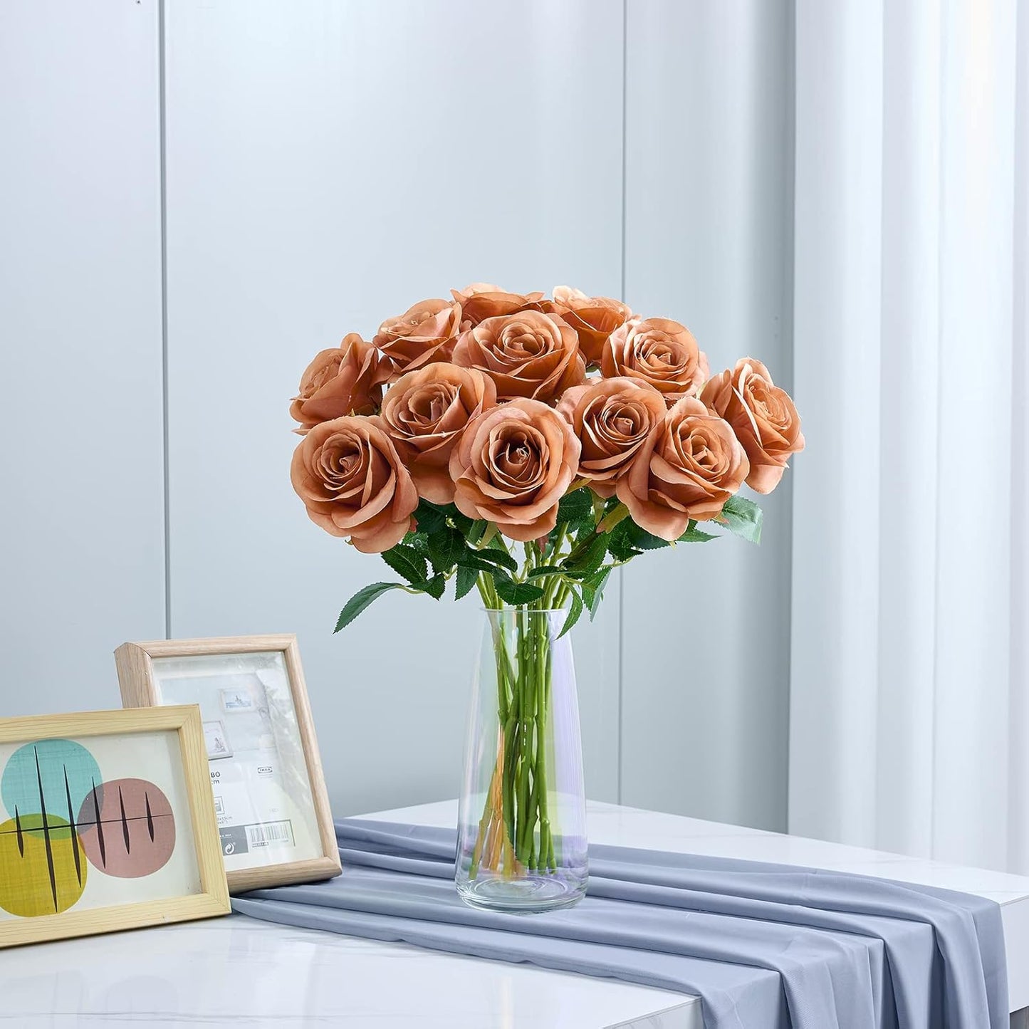 12pcs Rose Artificial Flowers Fake Roses Dusty Orange Silk Roses Orange Silk Flowers Rose with Long Stems for Wedding Home Party Centerpieces Decorations