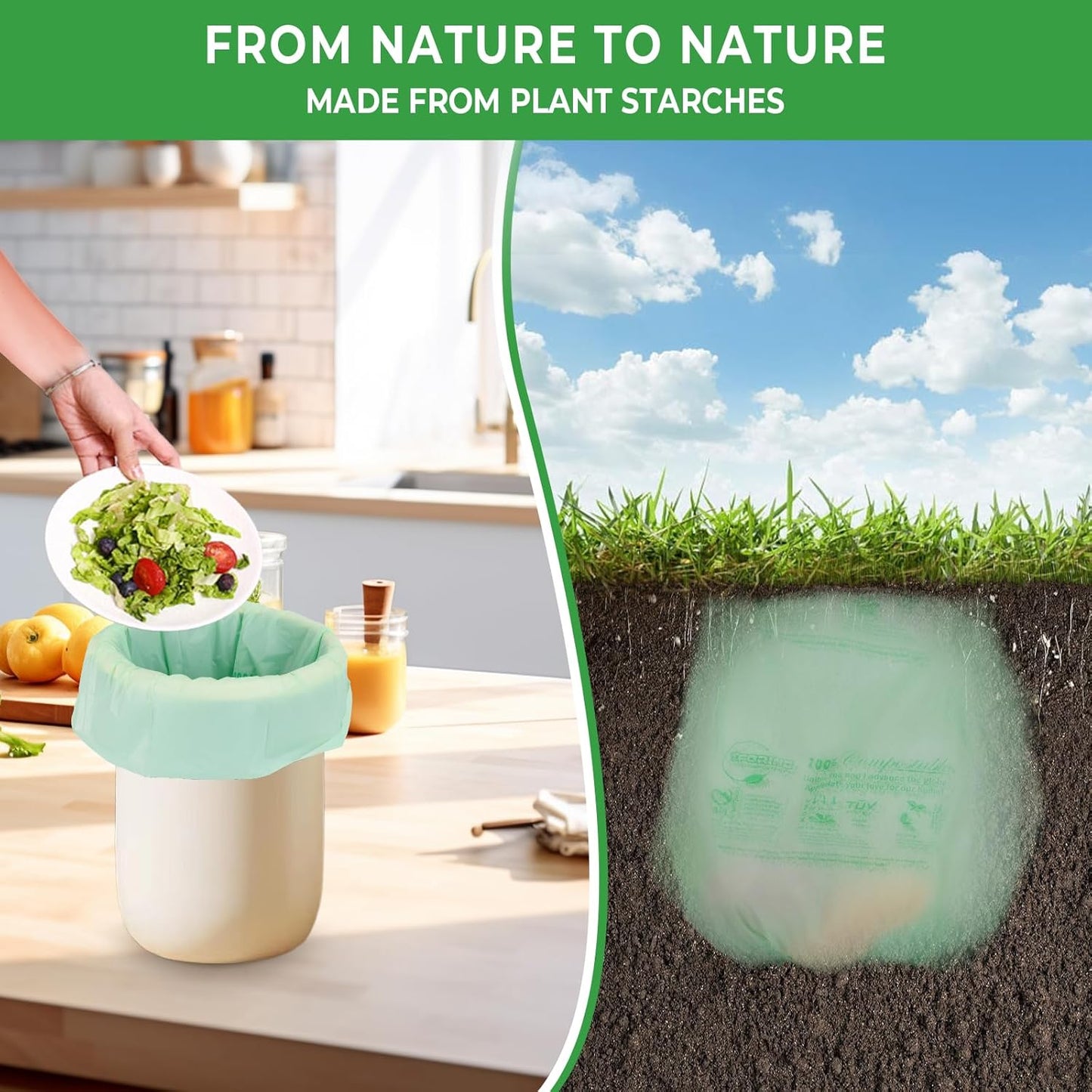 Small Compost Bags 2.6 Gallon - 80 Count 0.8 Mil Thick Compostable Trash Bags for Countertop Bin, ASTM D6400, US BPI, CMA and Europe OK compost HOME Certified