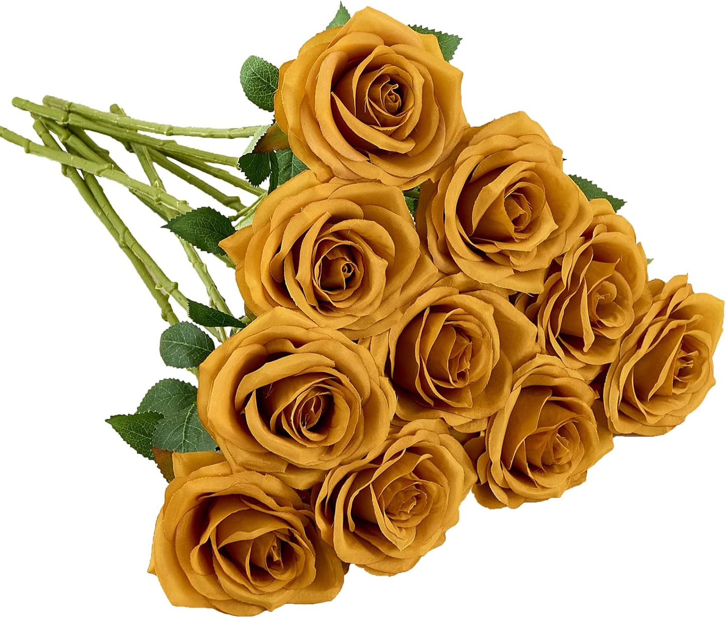 Artificial Rose 10pcs Open Flower Bouquet Faux Rose Stems for Wedding Arrangement, Bridal Bouquet, Centerpiece, Fake Faux Silk Flowers (Mustard Yellow)