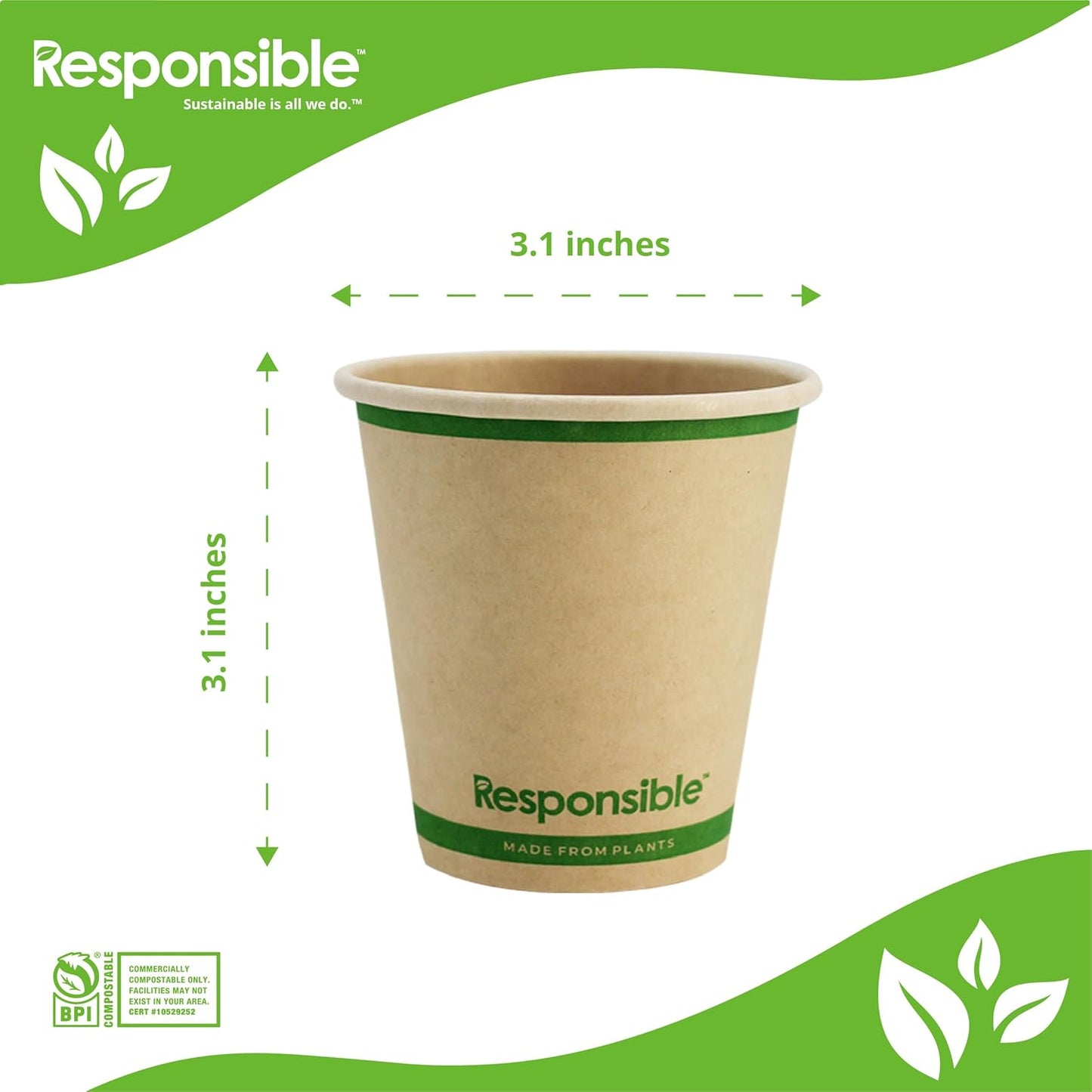 6 oz Paper Hot Cups, Tree-Less™ Compostable Paper Coffee Cups, Extra Strength, Tree-Free and Made Without PFAS, Natural Brown (1000 Count)