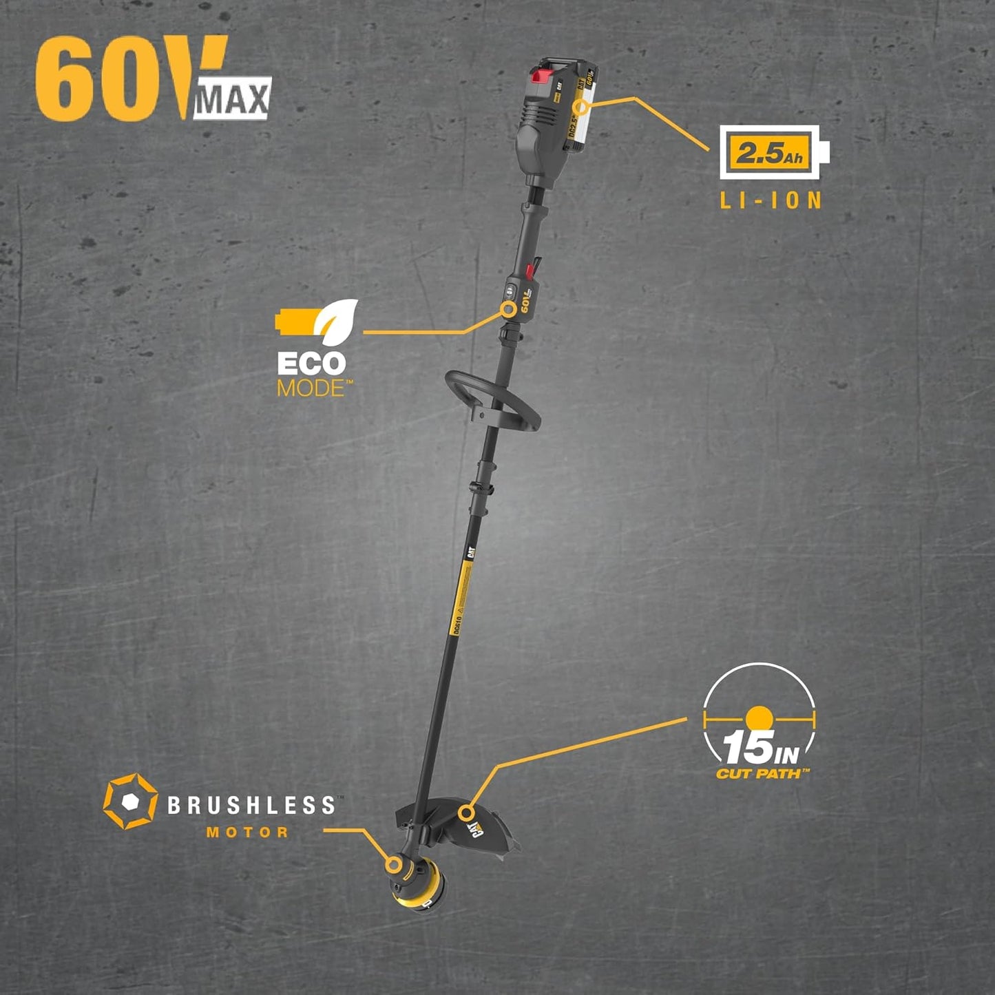 Cat DG610 60V 15” Brushless String Trimmer Cordless with Dual Line Bump Feed Head, Edger with Quick Line Load, Weed Trimmer with ECO Mode for Extended Runtime – Battery & Charger Included