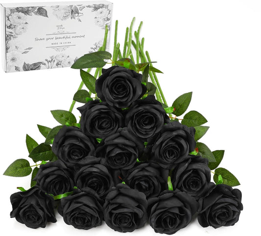 Black Fake Roses Artificial Flowers - 16 Pcs Fake Artificial Roses Silk Flowers with Stems for Home Wedding Hotel Office Centerpiece Decor
