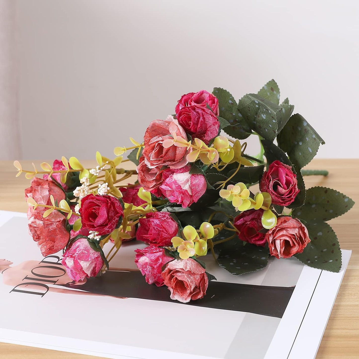 Duovlo 7 Branch 21 Mini Rose Heads Artificial Flowers Bouquet Wedding Home Office Decor,Pack of 2 (2 PCS Rose Red)