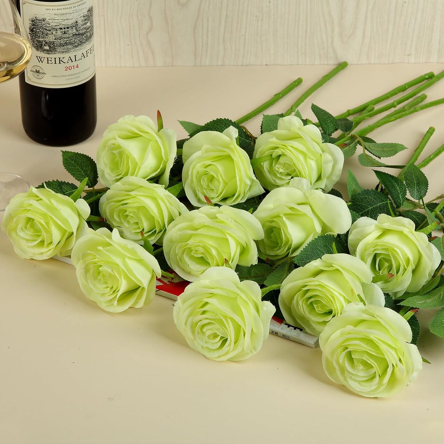 12pcs Light Green Roses Artificial Flowers Fake Roses Silk Flowers Roses with Long Stems for Wedding Home Party Centerpieces Decorations