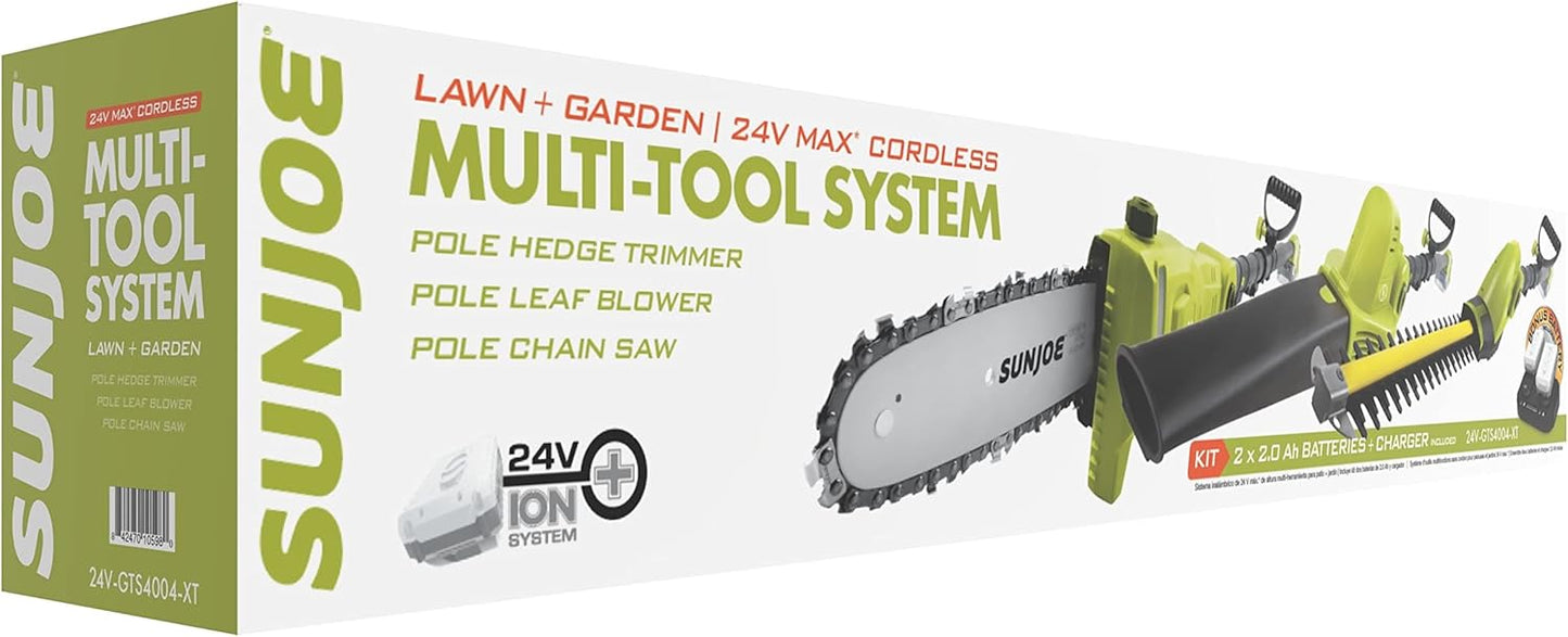 Sun Joe 24V-GTS4004-XT 24V IONMAX Blower,Hedge Trimmer & 8-in Pole Saw Kit w/2x24V 2.0-Ah Batt, Charger & Pole
