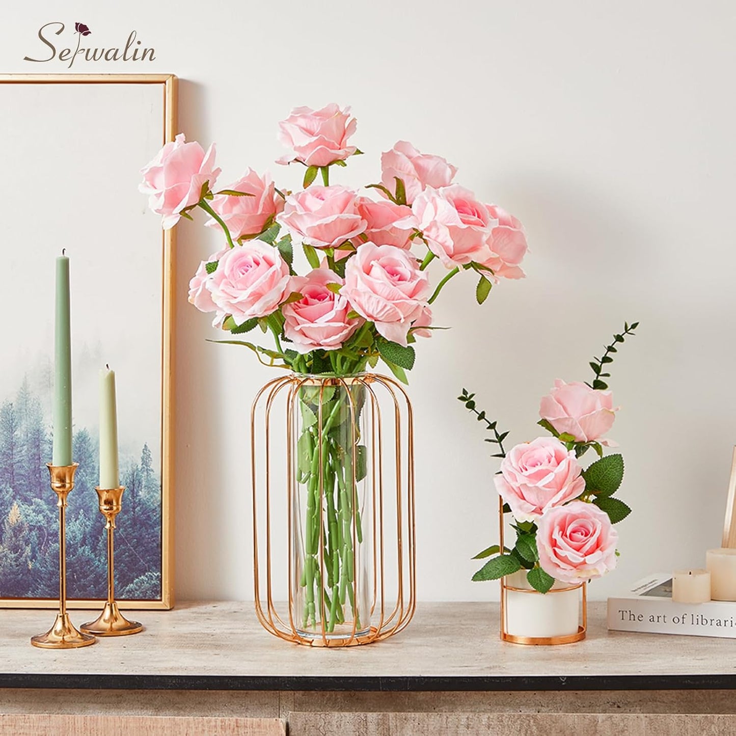 Serwalin 20pcs Bright Pink Artificial Roses, 4'' Big Flower Head, Velvet Roses Real Touch, Silk Fake Roses Long Stem Realistic Bouquet for Wedding Table Centerpiece and Home Decor