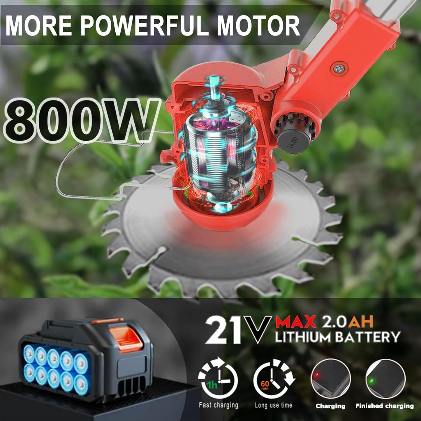 Cordless Weed Wacker Eater Battery Powered, 21V Electric Weed Trimmer with 2 Battery Operated & Charger & Wheels & Shears, 3 in 1 Lightweight No-String Grass Trimmer/Brush Cutter/Lawn Edger for Garden