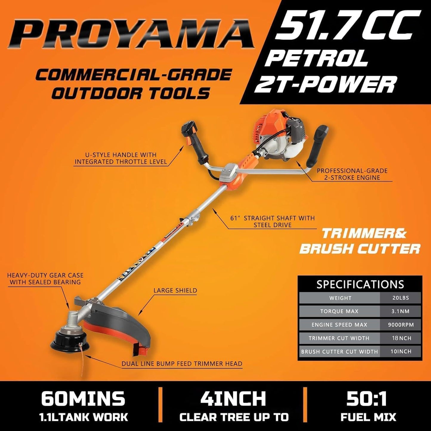 PROYAMA 51.7cc 2-Cycle Gas Powered Weed Eater Weed Trimmer, 3-in-1 Gas String Trimmer and Brush Cutter, Anti-Vibration System Tube Orange…