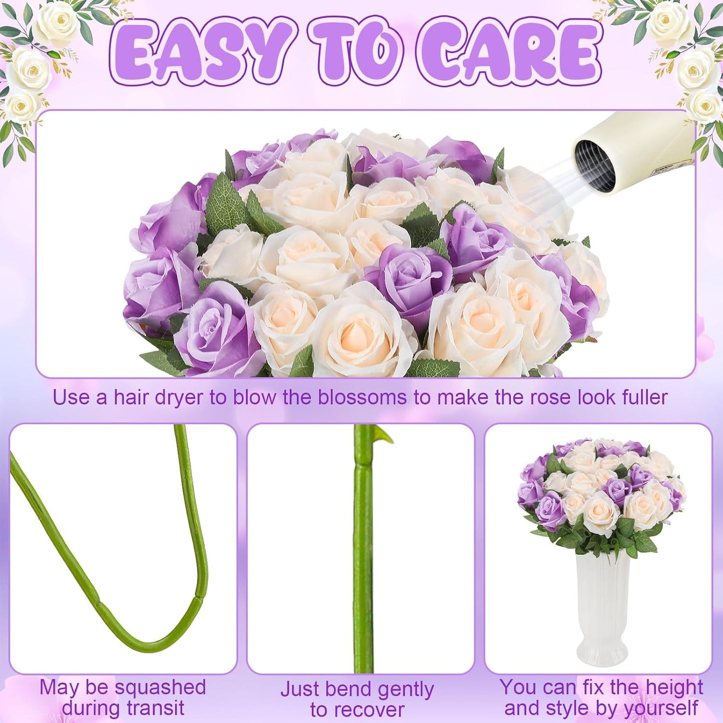 36 Pcs Purple, Champagne Artificial Roses with Long Stems, Purple Fake Silk Rose Artificial Flowers Bulk for Bridal Wedding Bouquet Centerpiece Ball Arrangement Party Decor