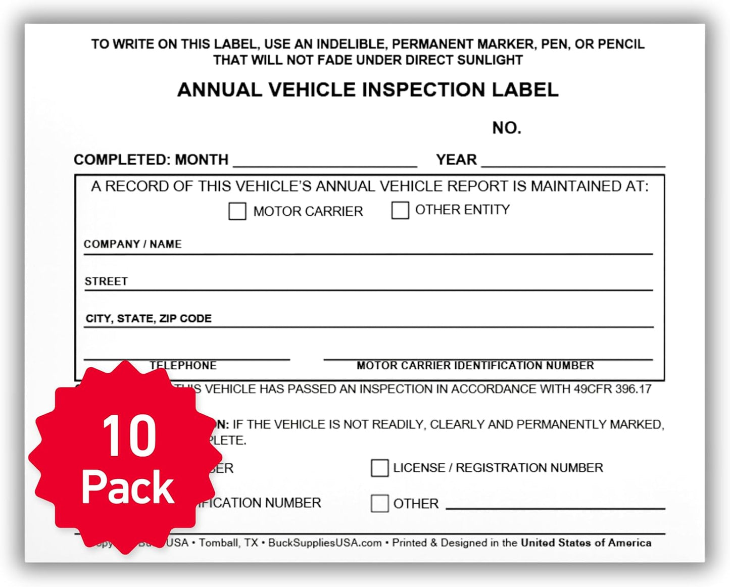 10 Pack Buck Annual Vehicle Inspection Label, 2-Ply Adhesive Vinyl with Mylar Laminate, FMCSA & DOT Compliant, Weatherproof, Tear Resistant, Easy to Write On, 5" x 4" - Made in USA