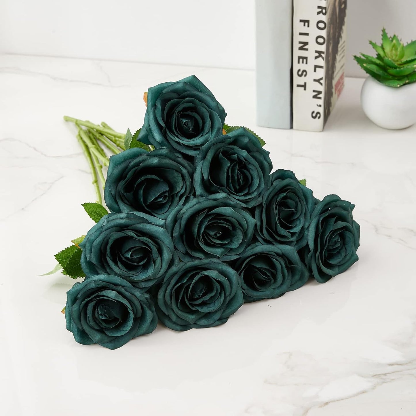 Artificial Rose 10pcs Open Flower Bouquet Faux Rose Stems for Wedding Arrangement, Bridal Bouquet, Centerpiece, Fake Faux Silk Flowers (Emerald Green)