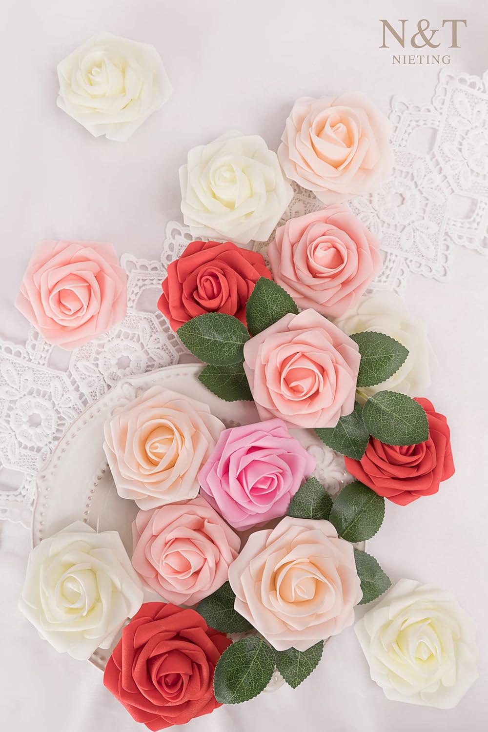 N&T NIETING Artificial Flowers 50pcs Real Touch Faux Flowers Bulk with Stems for DIY Wedding Bouquets Bridal Shower Centerpieces Floral Arrangements Party Valentine's Day Home Decorations(Series Red)