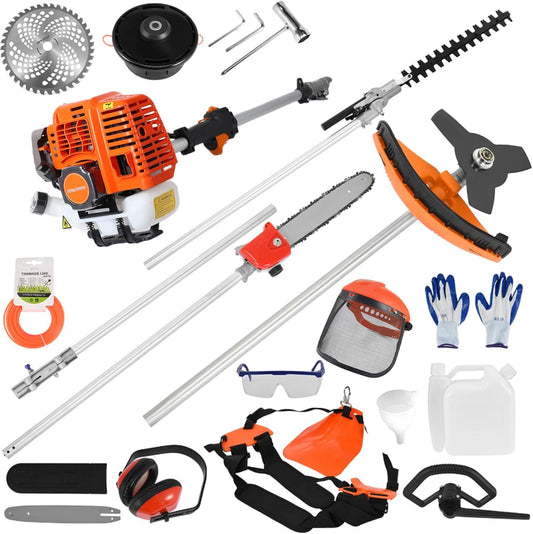 Weed Eater Gas Powered 52cc - 2 Cycle, 5 in 1 Grass Trimmer, Gas Hedge Trimmer, String Trimmer, Brush Cutter, Pole Saw with Extension Pole, Multi Functionallandscaping Tools & Equipmen (Red2)