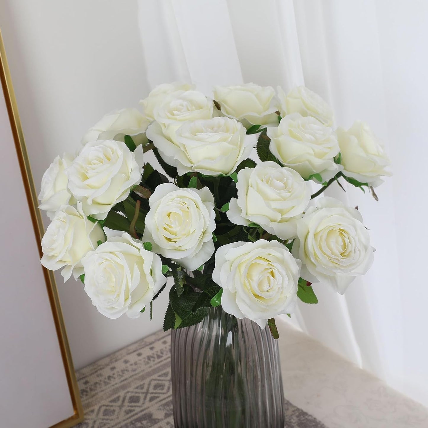 White Fake Roses Artificial Flowers - 10 Pcs Fake Artificial Roses Silk Flowers with Stems for Home Wedding Hotel Office Centerpiece Decor