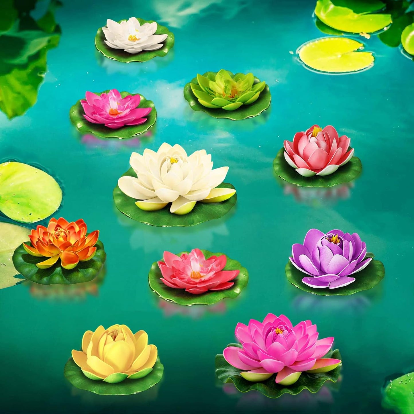 Artificial Lotus Flowers Water Lilies for Pond Pool, 10 Pcs Realistic Floating Foam Lotus Flowers with Lily Pads for Ponds, 4" and 6" Large Lifelike Water Lilies for Fountain Garden Pond Decoration