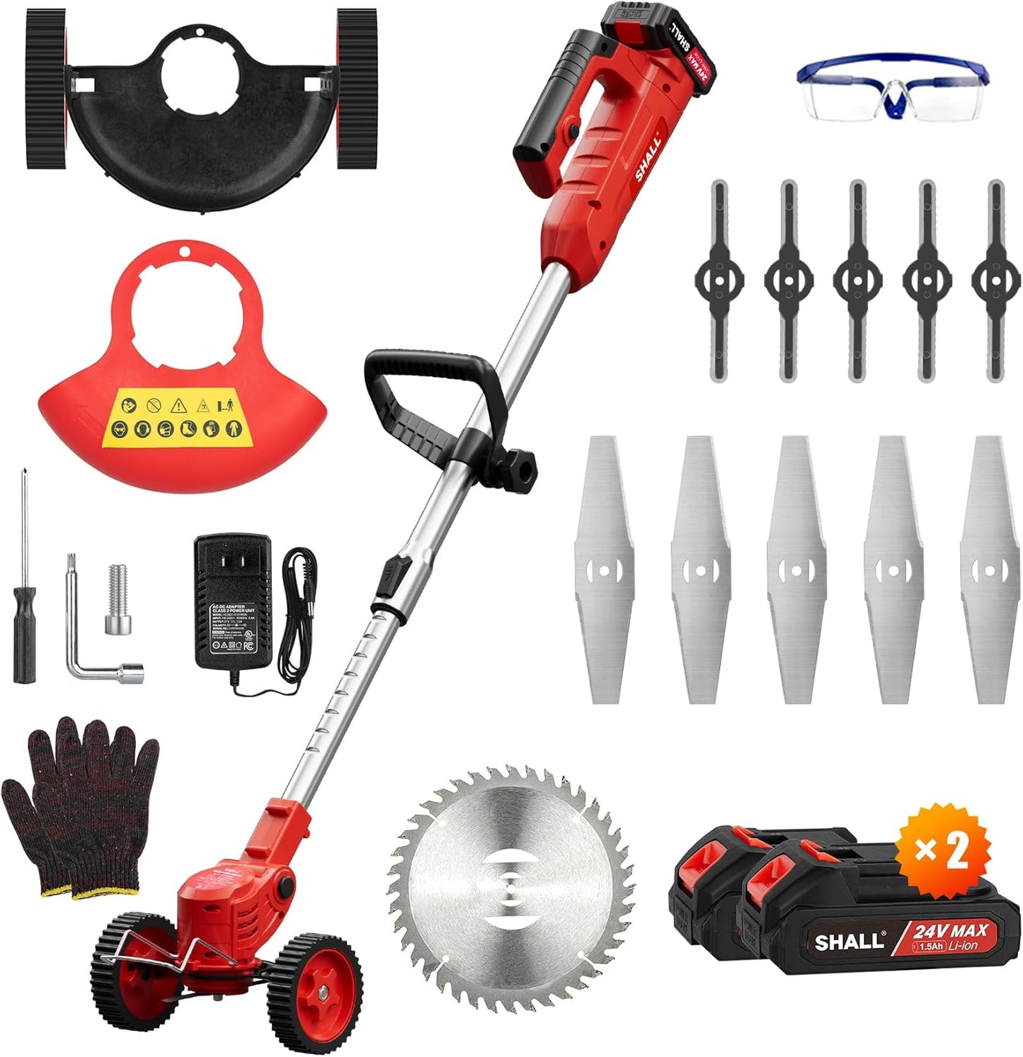 SHALL 24V Cordless Weed Wacker, 3-in-1 Electric Weed Eater Grass String Trimmer Edger, Telescopic Brush Cutter, 2 x 1.5Ah Battery Powered Lawn Mower with 3 Types Blades & Wheels for Yard Garden