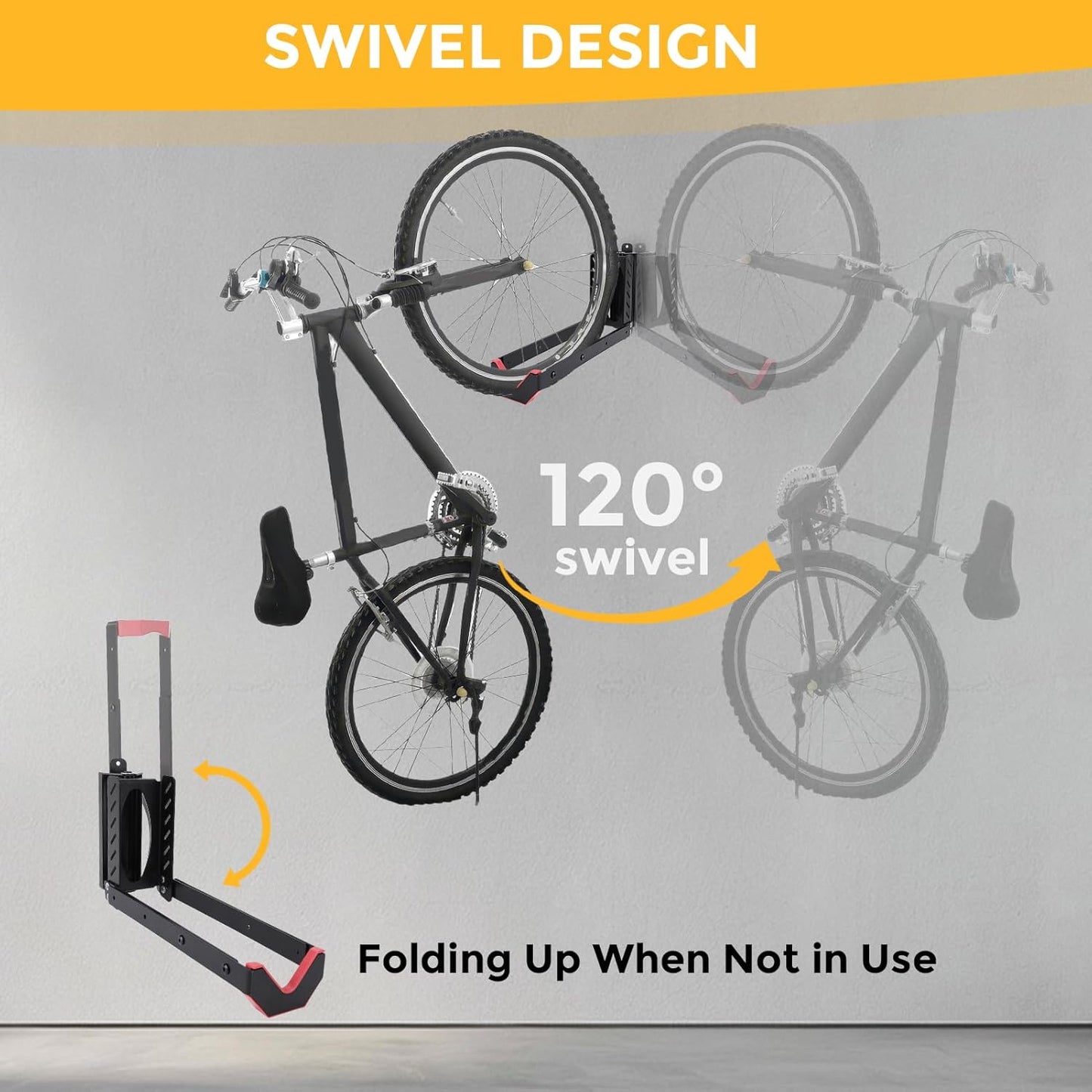 Swivel Bike Wall Mount, Vertical Bicycle Hook Hangers, Can Hold Up to 77 lbs, Cycle Wall Hanger for 16-29 Inch Diameter Wheels
