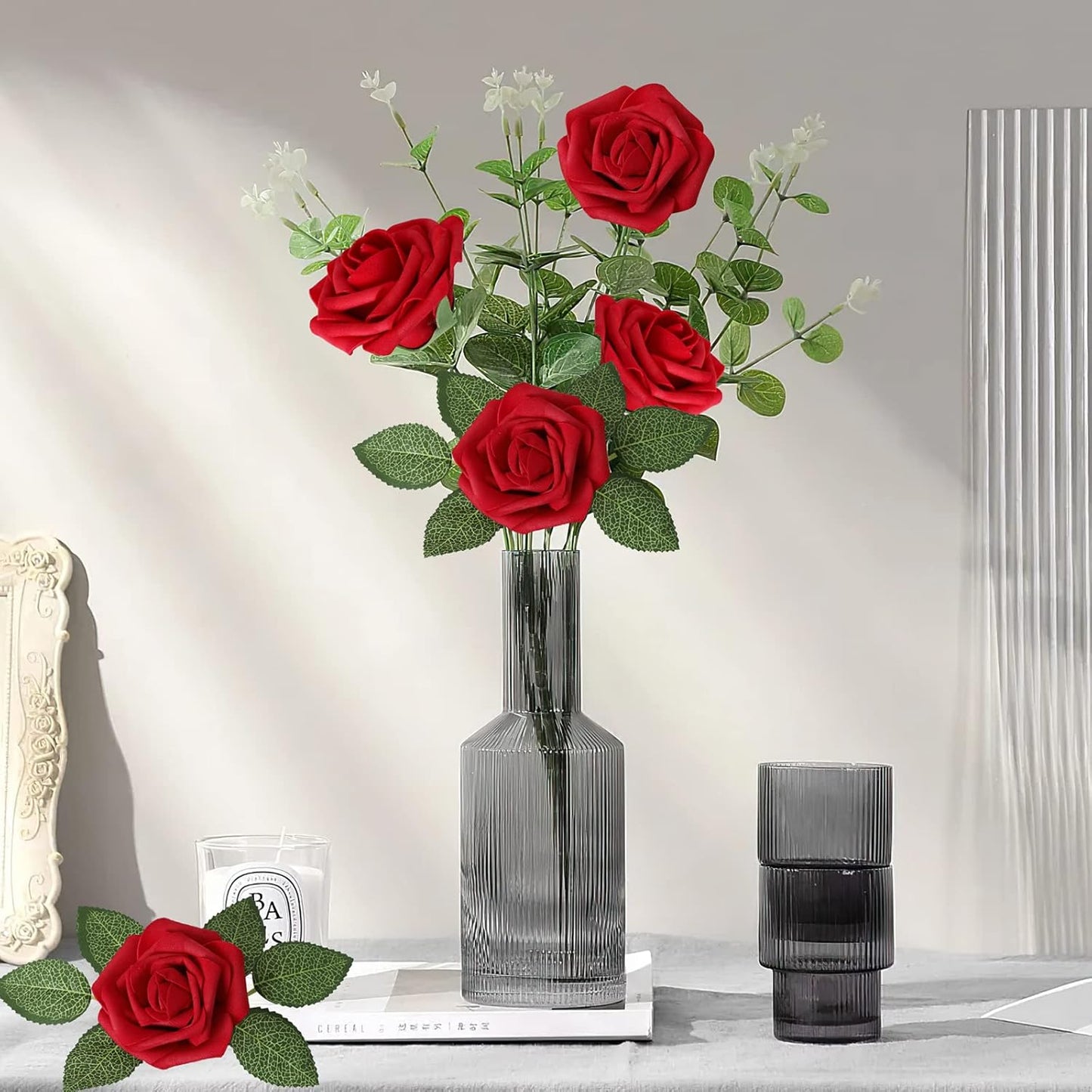 AmyHomie Artificial Flowers Dark Red Rose 50pcs Real Looking Fake Roses w/Stem for DIY Wedding Bouquets Centerpieces Arrangements Party Baby Shower Home Decorations