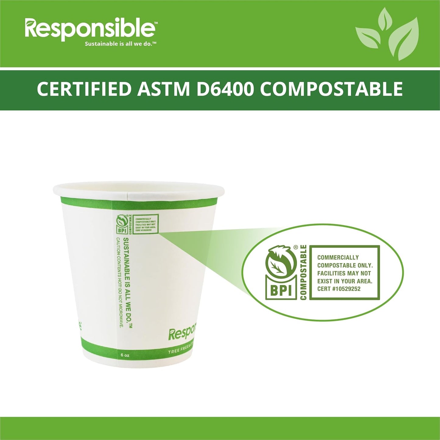 6 oz Paper Hot Cups Bulk, Tree-Less™ Compostable Paper Coffee Cups, Extra Strength, Tree-Free and Made Without PFAS, White (1000 Count)