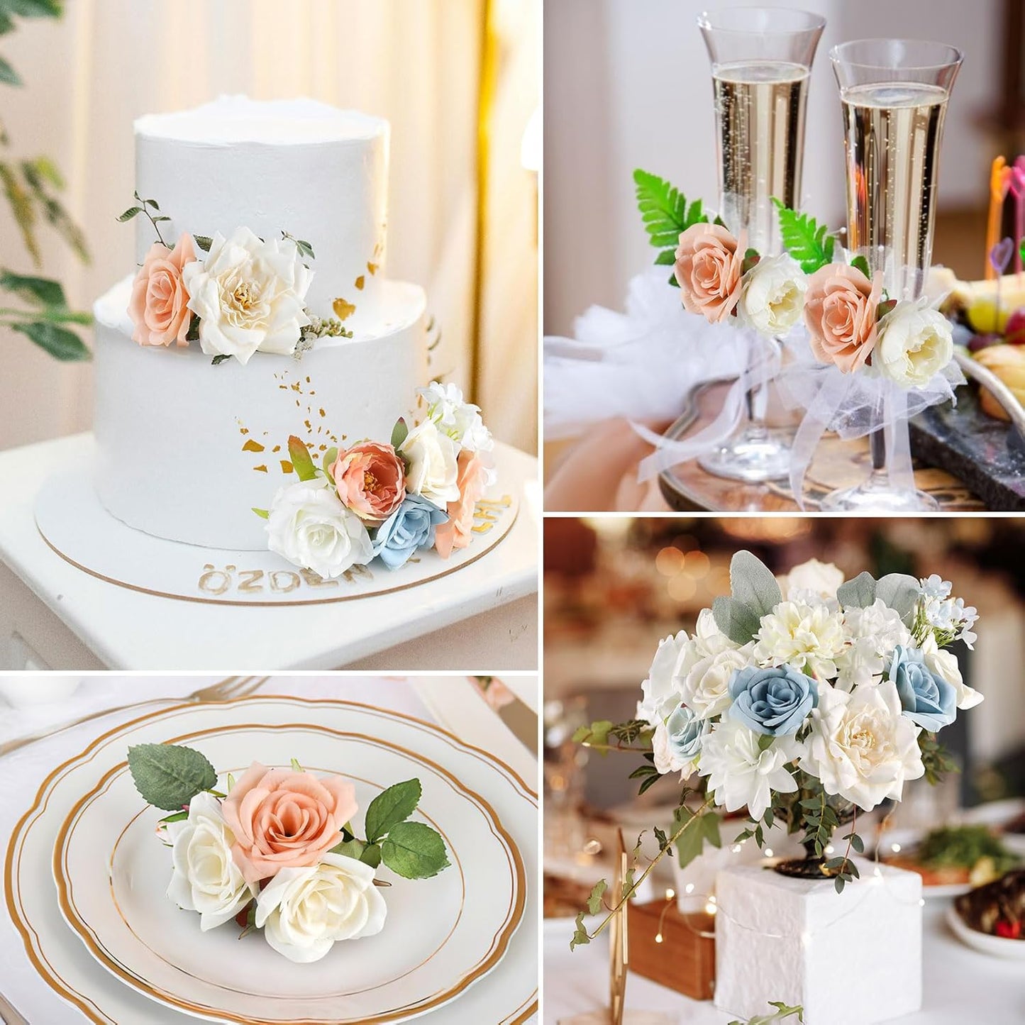 AGIRL Artificial Flowers Combo Silk Mix Purple Fake Flower with Stems for DIY Wedding Bouquets Centerpieces Arrangements Table Chair Decor Baby Shower Home Decor (Champagne Blue)