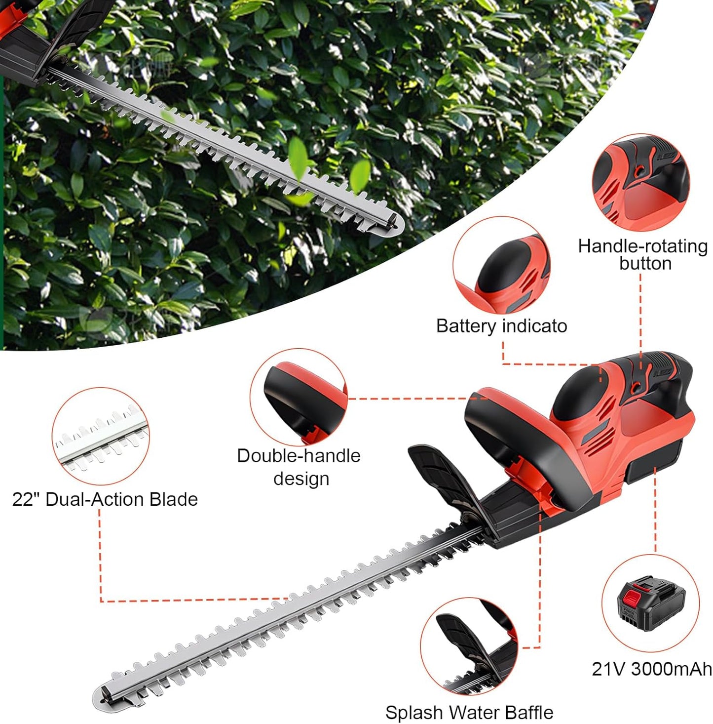 ALSO GO 22’’ Cordless Hedge Trimmer, 21V Electric Shrub Trimmer, Bush Trimmer Cordless with 3.0Ah Rechargeable Battery and Charger, Grass Cutter for Garden, Lawn
