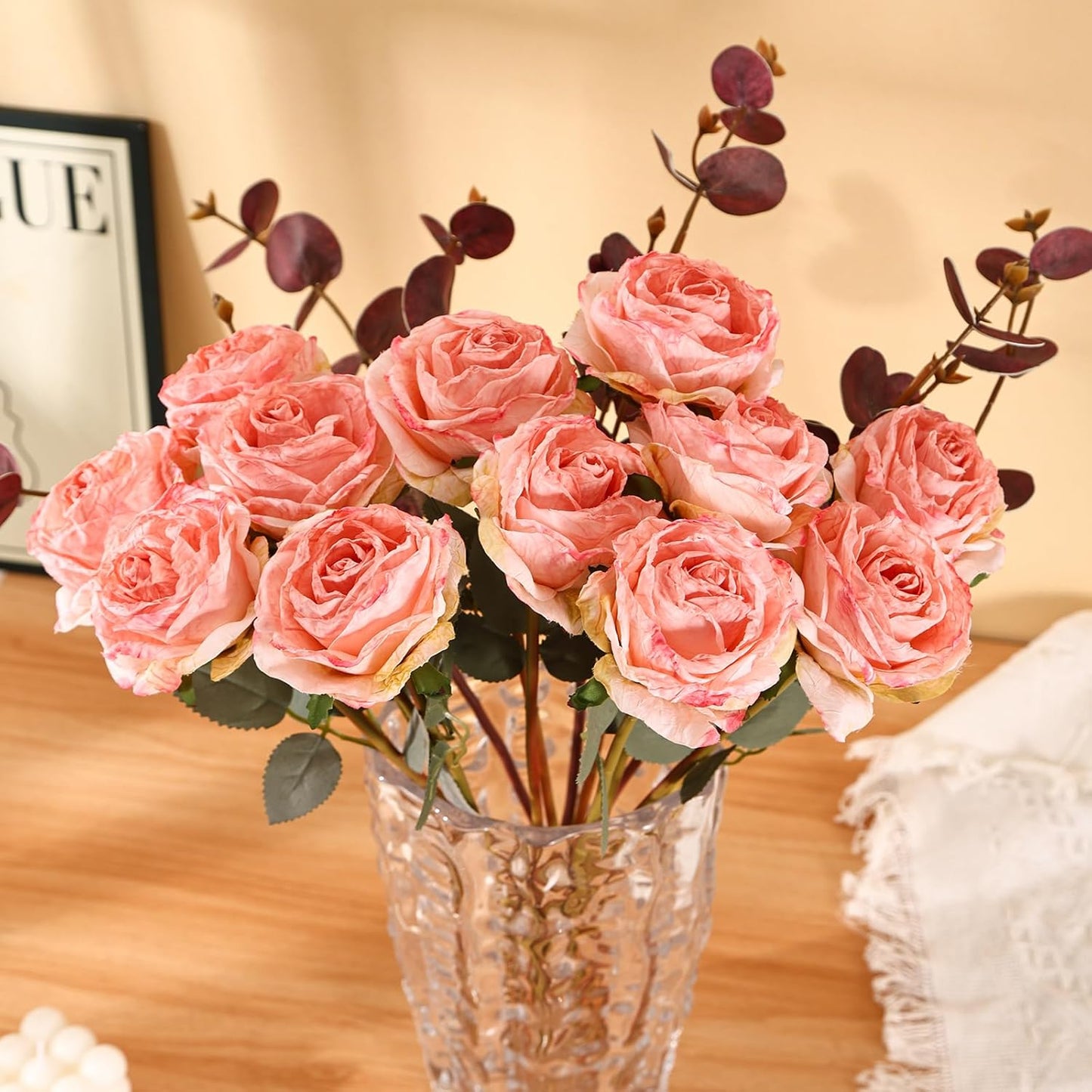 Kimura's Cabin 12pcs Pink Lifelike Artificial Roses Flowers with Stem Faux Silk Rose Bouquet Dried Roses Fake Flowers for Valentines Day Home Centerpiece Wedding Party DIY Decoration (Light Pink)