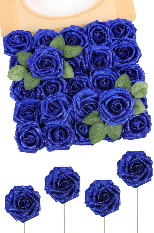 N&T NIETING Artificial Flowers Glowing Navy Blue Flowers Foam 50pcs Glitter Roses Real Looking Fake Roses with Stem for DIY Wedding Bouquets Centerpieces Bridal Shower Party Home Decorations