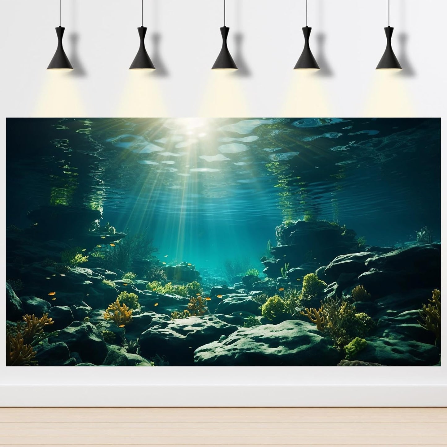 Aquarium Background Underwater Aquatic Plants Rocks Fish Terrarium Backdrop Sunlight Rays Coral Fish Tank Background Cave Style Landscape Sea Grass Tank Wallpaper Poster Vinyl 72x24in