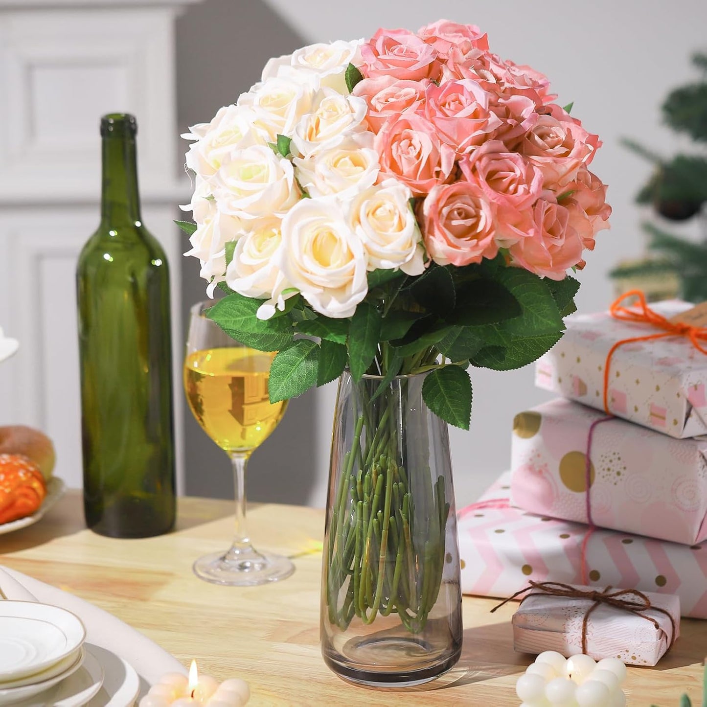 36 Pcs Pink Champagne Rose Artificial Flowers Bulk with Long Stem,Realistic Silk Fake Roses Plastic Roses Bouquet Artificial Flowers for Bridal Wedding Arrangement Table Centerpieces Decor