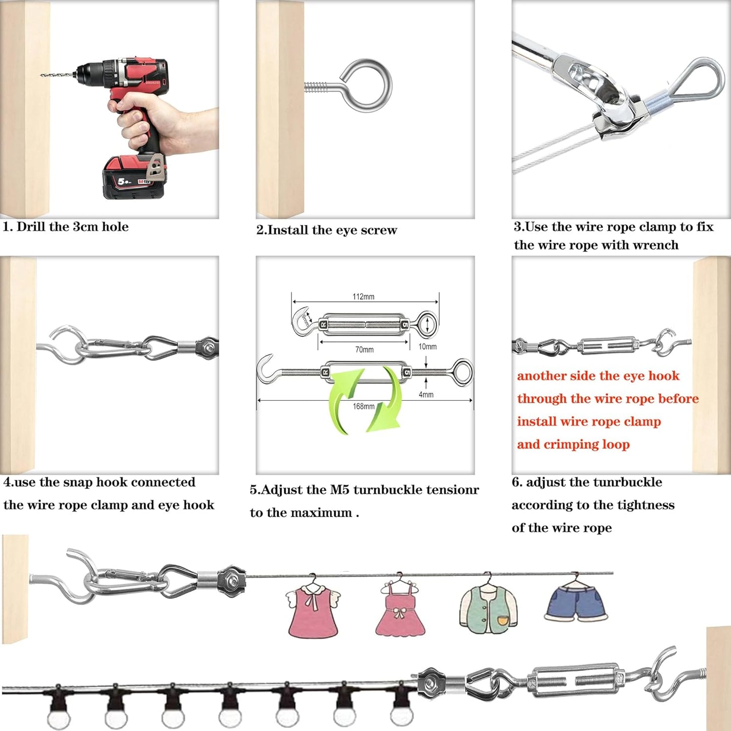 1/8" Wire Rope,Turnbuckles for Cables Wire, 304 Stainless Steel Cable,M5 Turnbuckle Kit,Wire Cable Turnbuckle Tensioner…