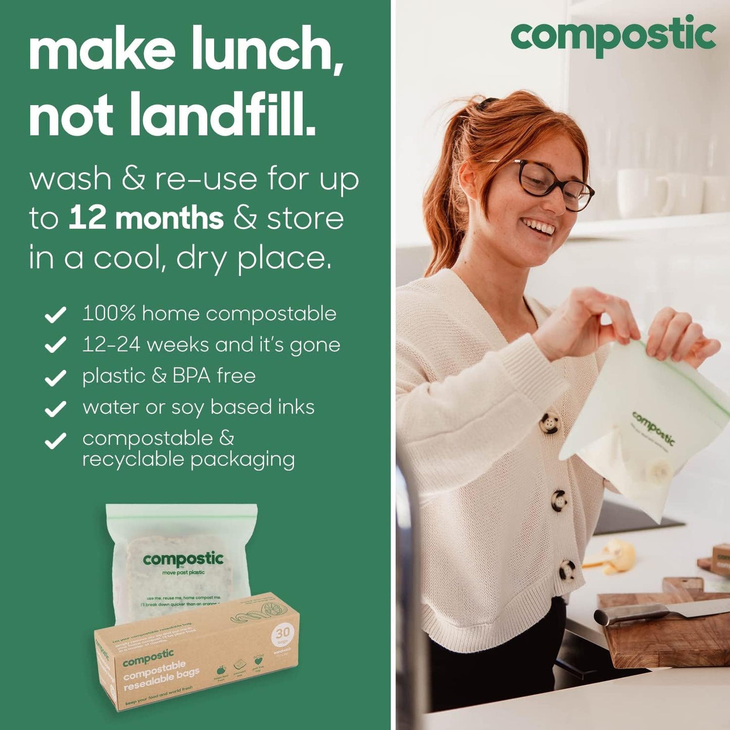 Home Compostable Resealable Sandwich Bags (7"x7"), Microwave & Freezer Safe, Organic Food Storage Container, 100 Count (Pack of 1)