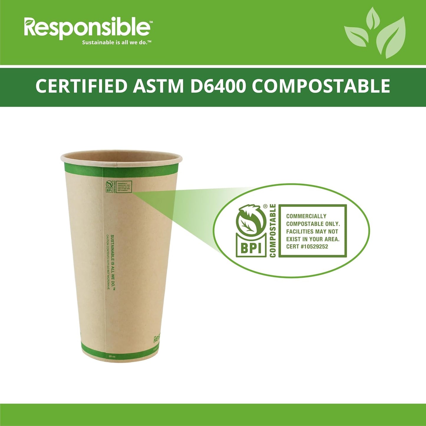 20 oz Paper Hot Cups, Tree-Less™ Compostable Paper Coffee Cups, Extra Strength, Tree-Free and Made Without PFAS, Natural Brown (1000 Count)