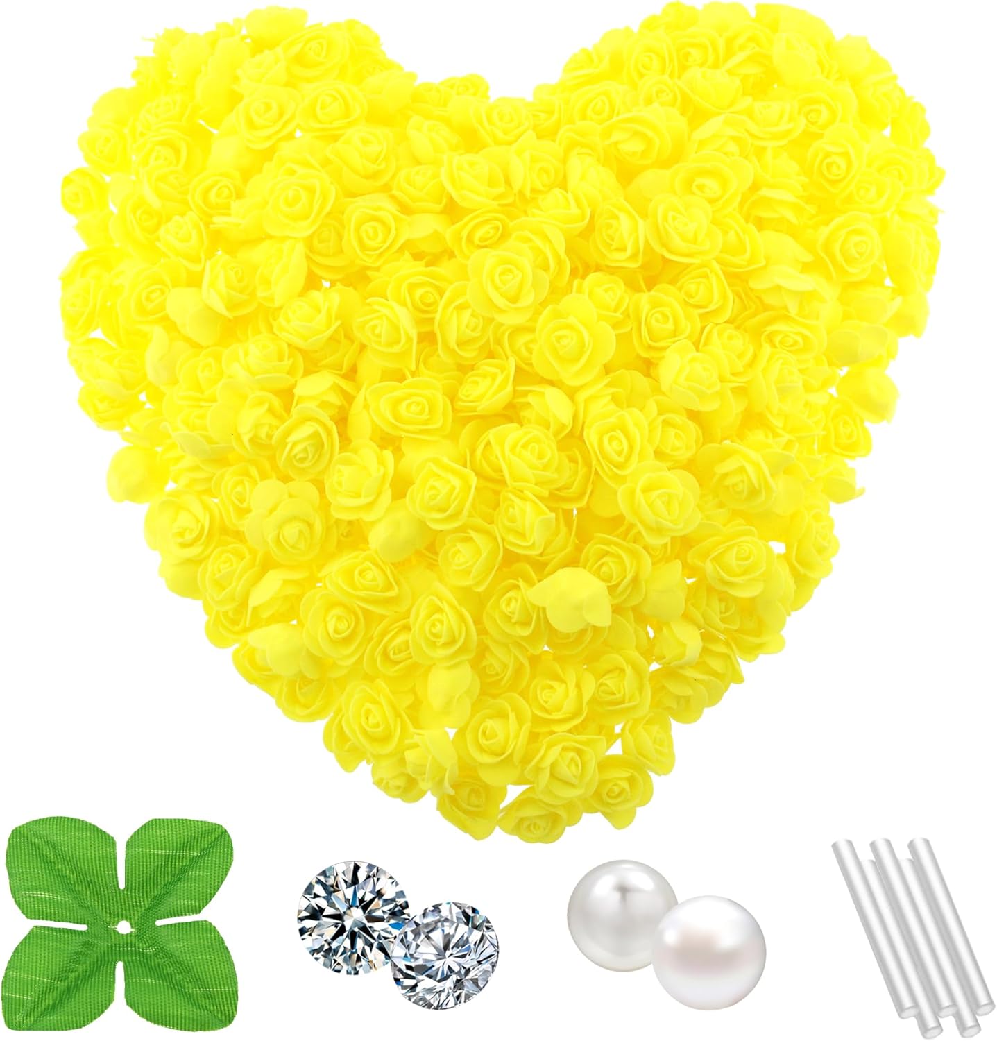 500 Pcs 1.4 Inch Mini Artificial Flowers Head Bulk 5 in 1 Set Faux Foam Fake Small Rose Tiny Baby Flores Bouquet Cake Gift Home Decoration DIY Craft (Yellow)