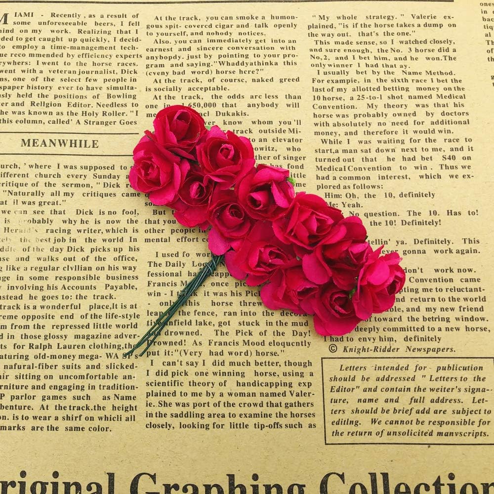 Mini Fake Rose Flower Heads 144pcs Mini Artificial Mulberry Paper Roses Flower with Wire Stem DIY Wedding Flowers Accessories Make Bridal Hair Clips Headbands Dress (Hot Pink)