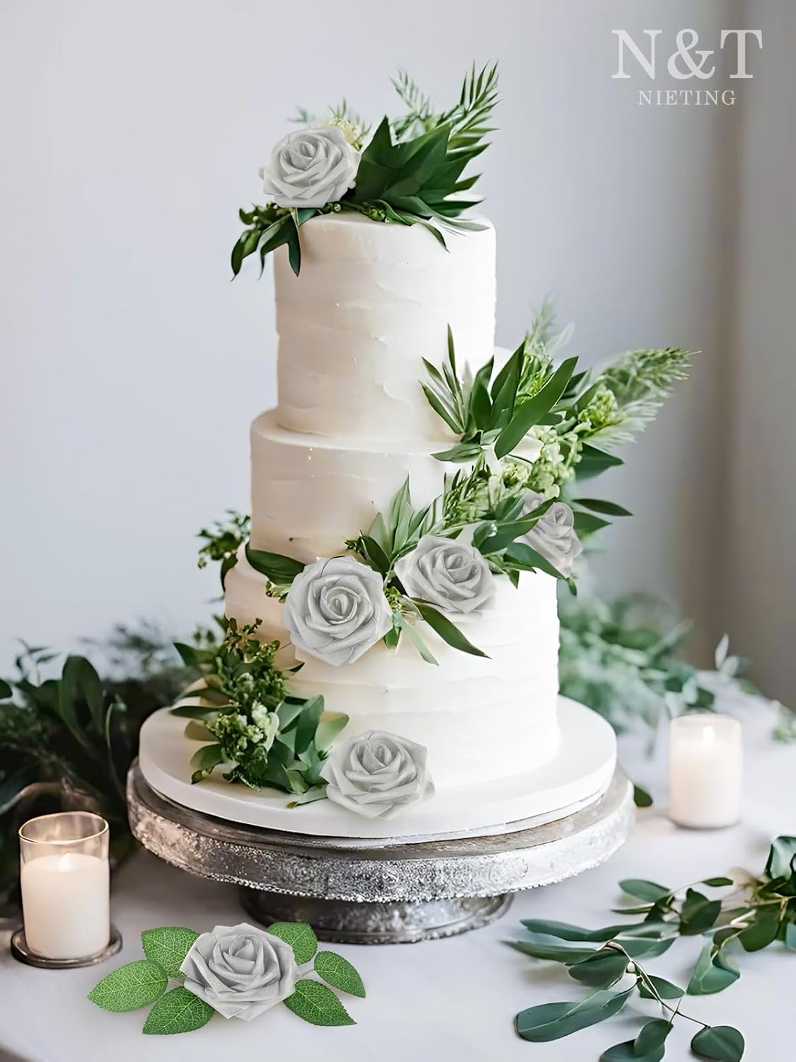 N&T NIETING Artificial Flowers, 25pcs Fake Flowers Roses with Stem for DIY Wedding Bouquets Centerpieces Bridal Shower Party Home Decoration, Silver White