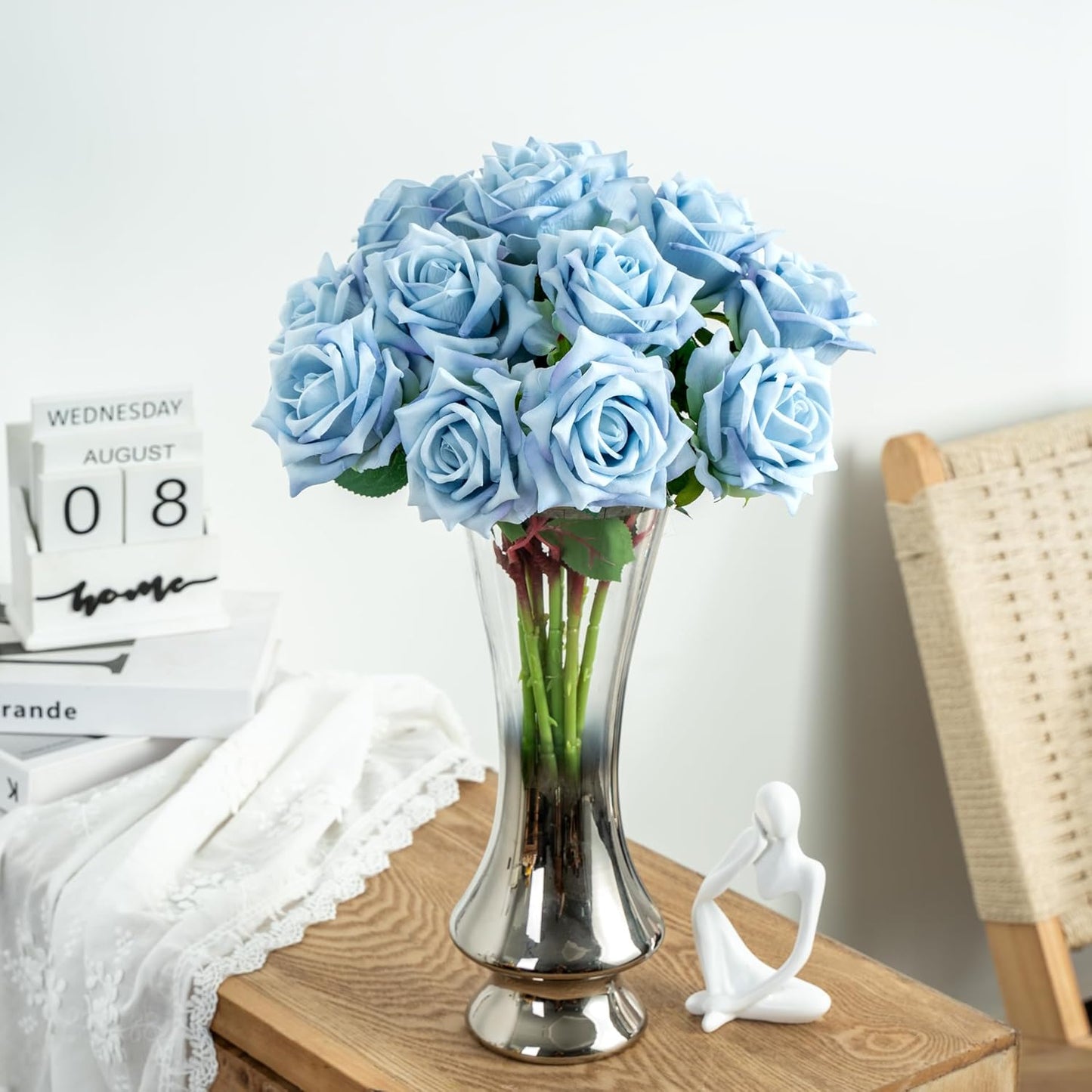Fake Roses Faux Flowers Silk Roses 12PCS Artificial Roses with Stems Realistic Artificial Flowers Suitable for Indoor Home Decoration Diy Bouquet Wedding Decor Party Decoration （Blue）16.5“