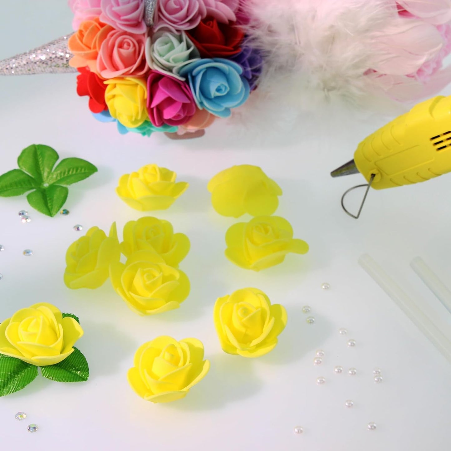 500 Pcs 1.4 Inch Mini Artificial Flowers Head Bulk 5 in 1 Set Faux Foam Fake Small Rose Tiny Baby Flores Bouquet Cake Gift Home Decoration DIY Craft (Yellow)