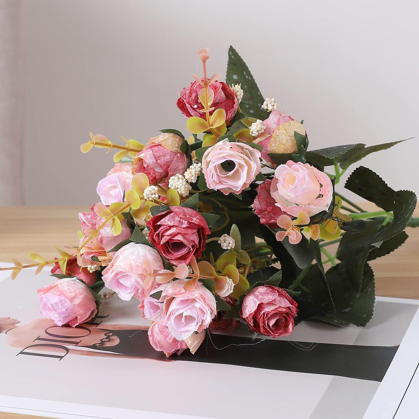 Duovlo 7 Branch 21 Mini Rose Heads Artificial Flowers Bouquet Wedding Home Office Decor,Pack of 2 (2 PCS Pink)