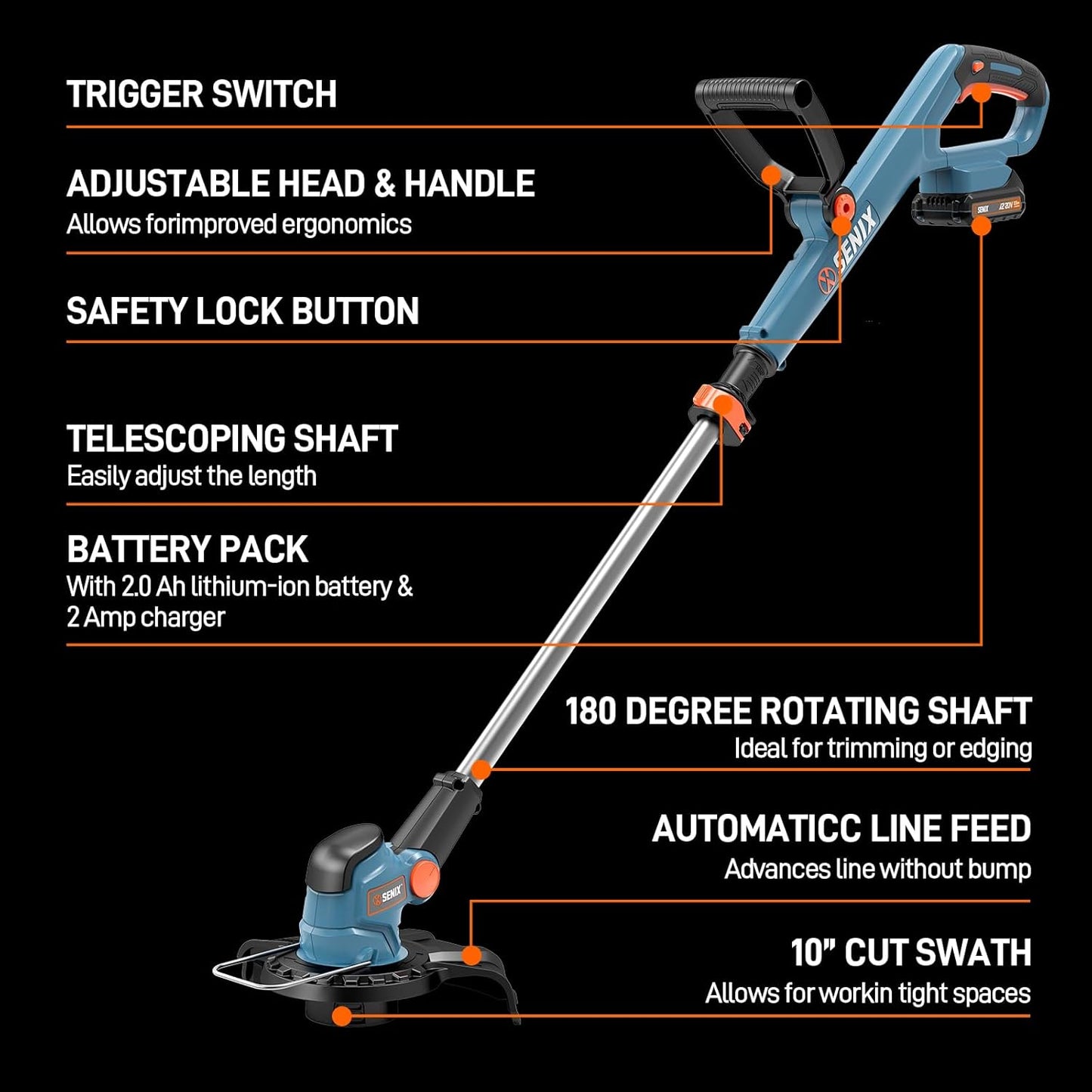 SENIX 20V 10" Cordless Weed Wacker, String Trimmer, Telescoping Rotating Shaft, Adjust Head & Assistant Grip, Auto Line Feed w/ 2.5Ah Battery & Charger, GTX2-M