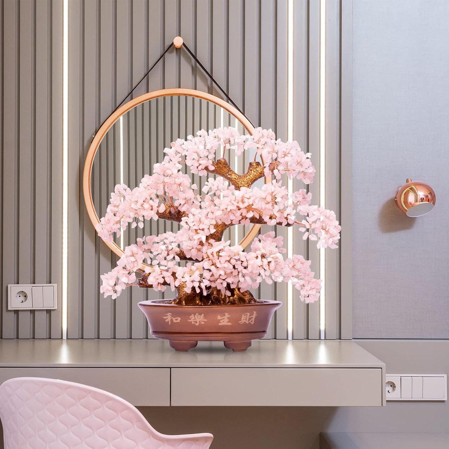 Natural Rose Quartz Tree Large,14" Chakra Crystal Tree(1,251 Gemstone Count) w/Lucky Coins Chain Healing Properties - Bonsai Feng Shui Money Tree for Love Self Care Home Office Decoration