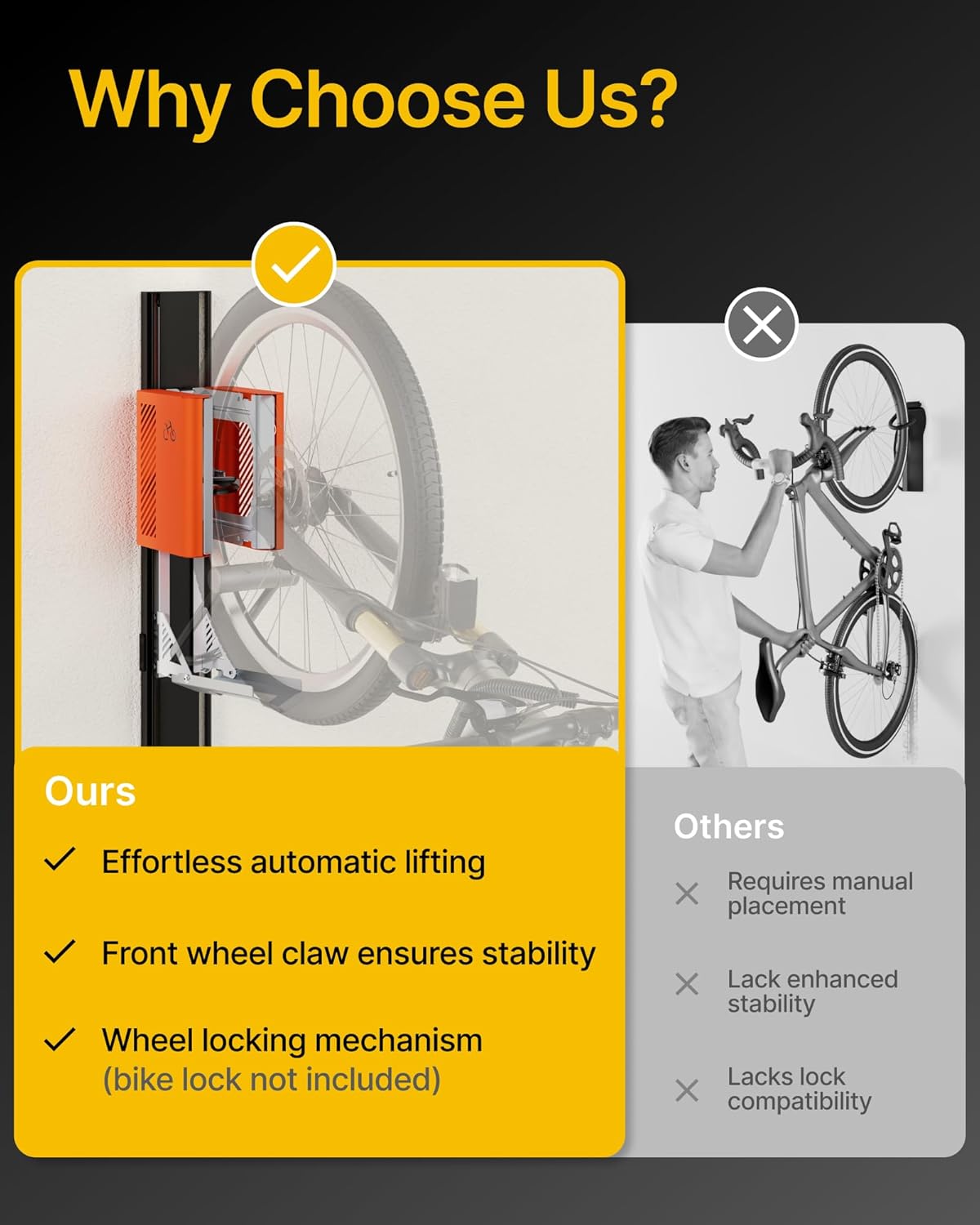 monTEK Automatic Lift EBike Rack – Fits 24-29" Tires, Heavy-Duty Vertical Wall Rack for Bicycles (Up to 71 lbs) - Effortless Lifting, Easy Install - Space-Saving Storage for Garage, Shed, BO