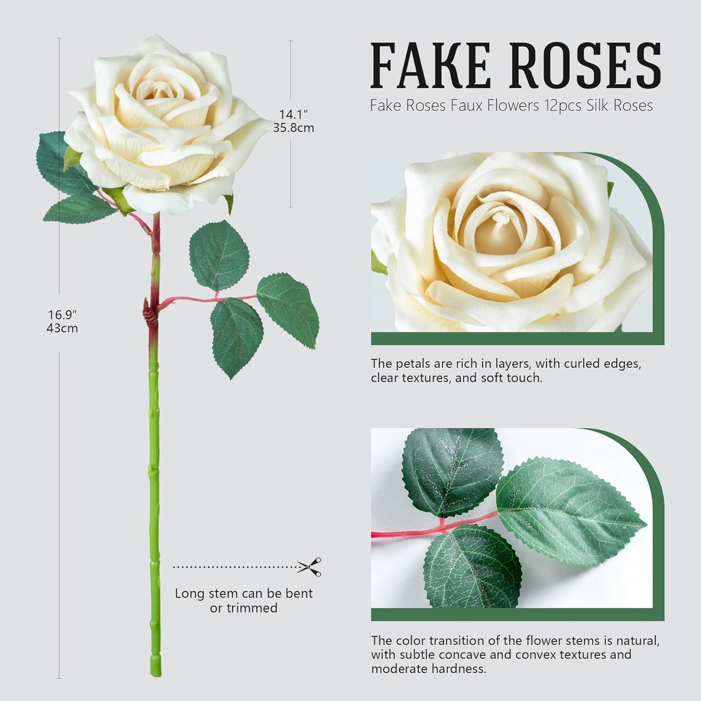 Fake Roses Faux Flowers 12PCS Silk Roses Artificial Roses with Stems Realistic Artificial Flowers Suitable for Indoor Home Decoration DIY Bouquet Wedding Decor Party Decor 16.5In (White)