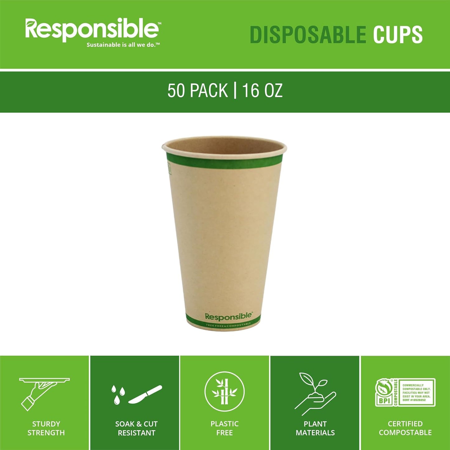 Certified Compostable 16 oz Paper Cups, Cold ＆ Hot Coffee Cups, Disposable Paper Cups, Extra Strength Disposable Cups, Made without PFAS (50 count)