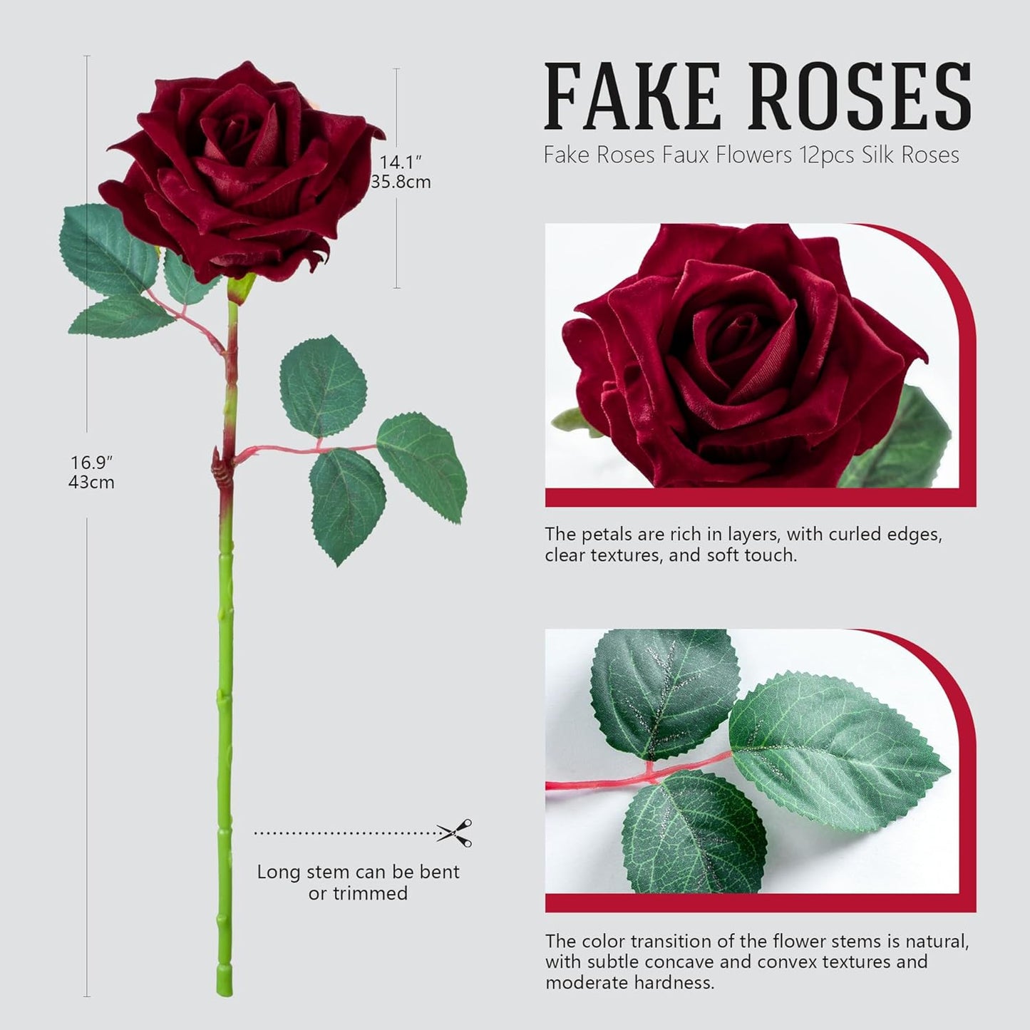 Fake Roses Faux Flowers Silk Roses Artificial Roses with Stems Realistic Artificial Flowers Suitable for Indoor Home Decoration DIY Bouquet Wedding Decor Party Decor 16.5In (12PCS, Red)