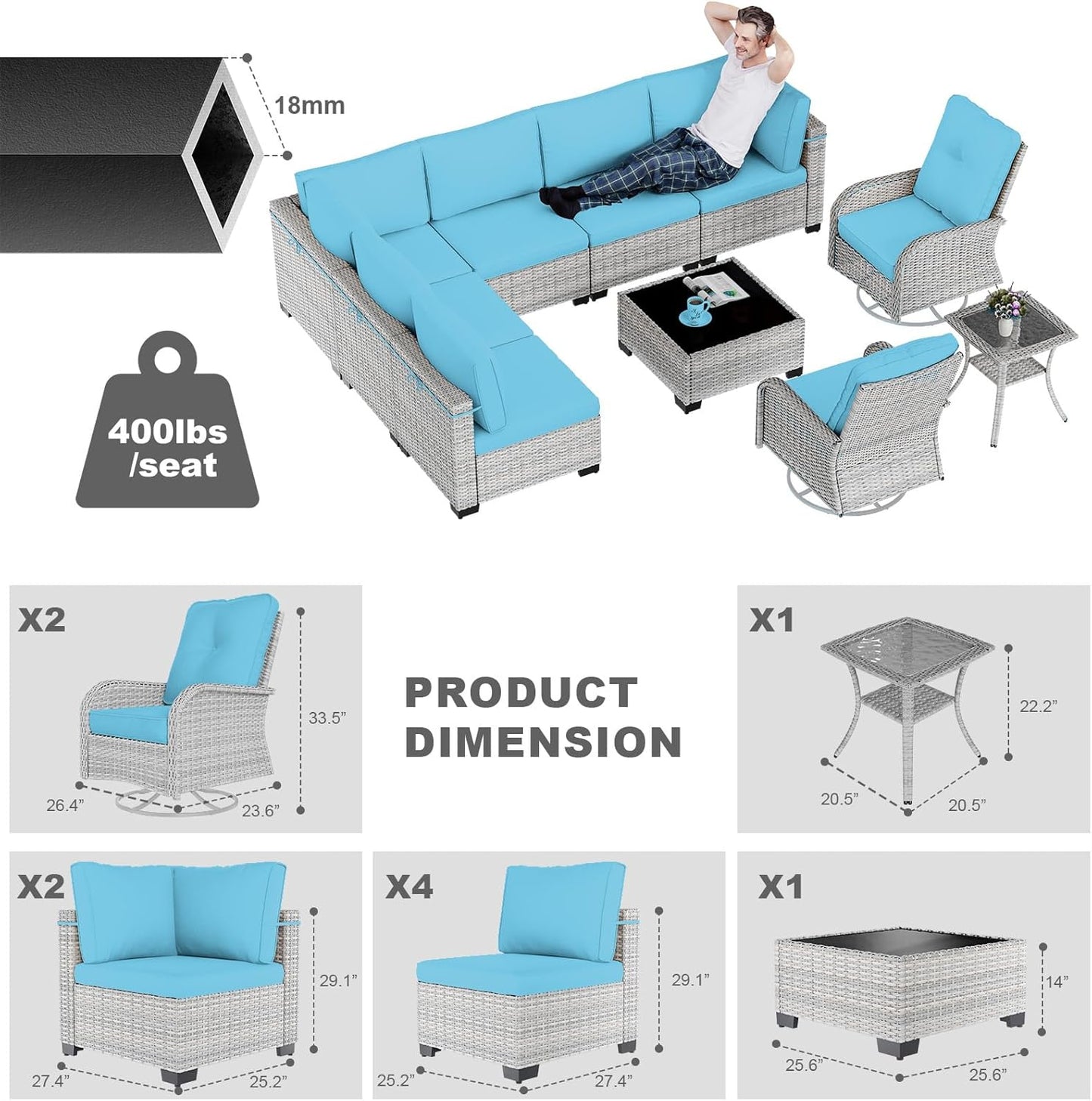 10-Piece Patio Furniture Set, Outdoor Patio Furniture with Swivel Chairs Set, Thick Cushions, Modular Patio Sofa, Dual-Strand Wicker Rattan, Rust-Resistant Frame, Lake Blue