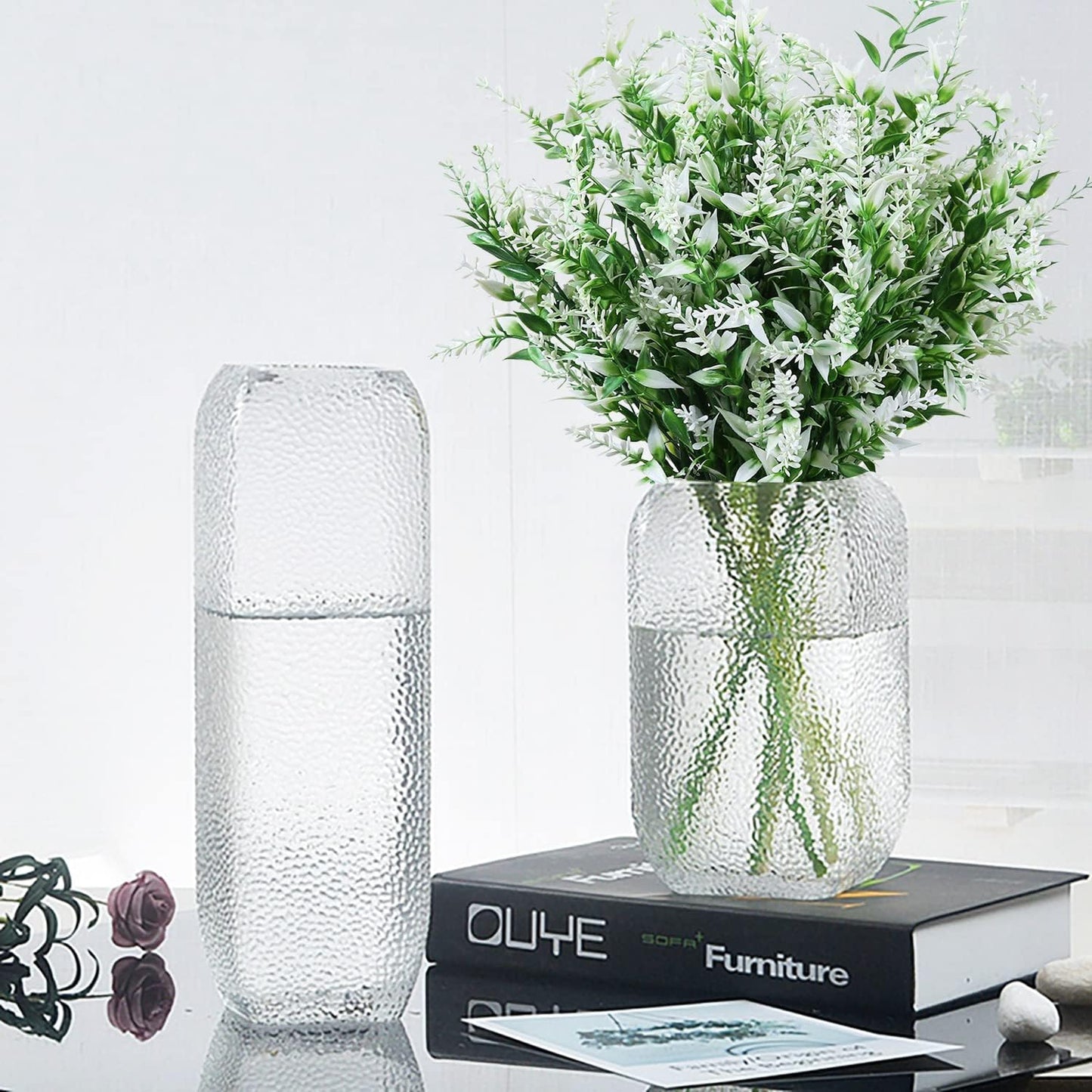 8 Pack Artificial Plants Flowers Grass Shrubs No Fade Faux Plastic Flowers Outdoor for Vases Farmhouse Garden Porch Patio Office Indoor Wedding Decoration Greenery Fake Plants (5#White)