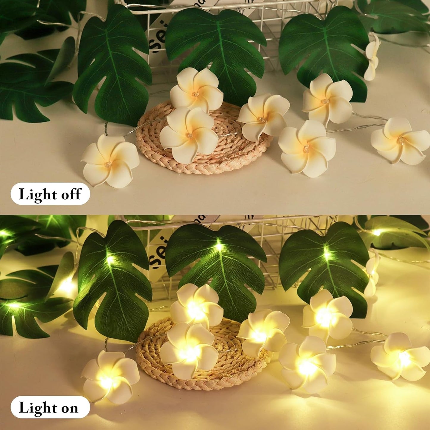 RECUTMS Monstera Leaf String Lights Artificial Foam Plumeria Tropical Palm Leaves Flower 40 LED Battery Operated Fairy Light Hawaiian Luau Beach Party Summer Decorations Outdoor Indoor(White+Green)